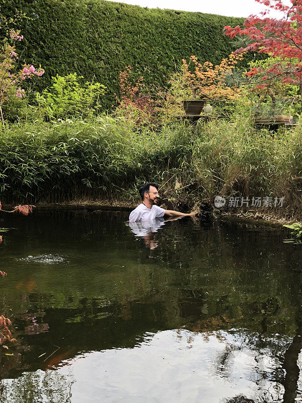 人站在大的深锦鲤池在冬天/春天清洗树叶，脏的冷水和池塘杂草毯，检查水泵和过滤管道的东方园林，日本枫树，锦鲤鱼金鱼水功能砖边